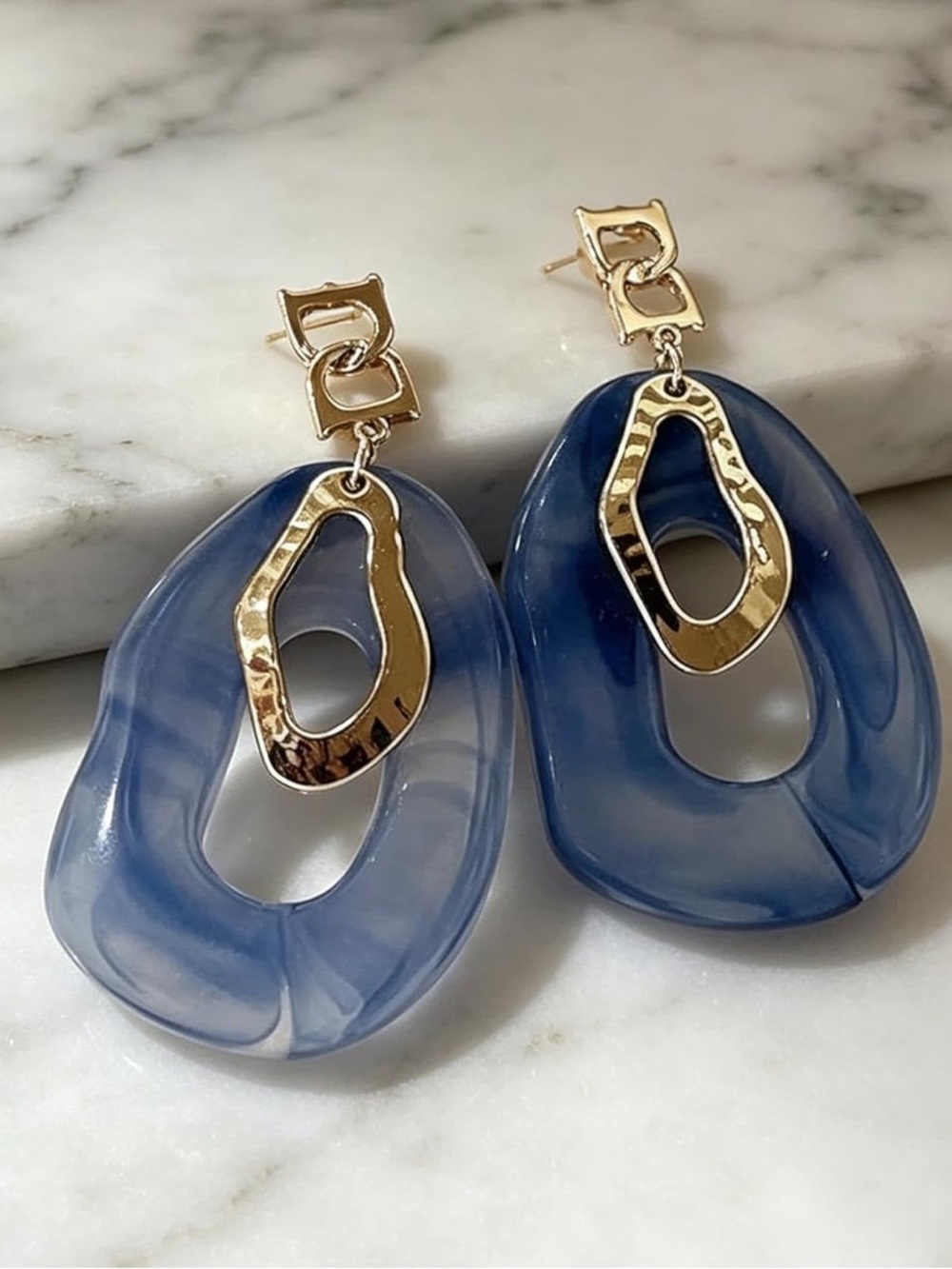 New! Anthropologie Blue Acrylic & Gold-Link Drop Earrings - Picture 3 of 5